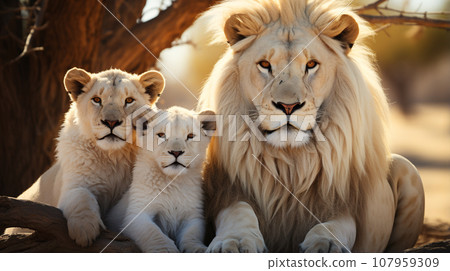 White Lions family closed up in safari. Generative AI, 107959309