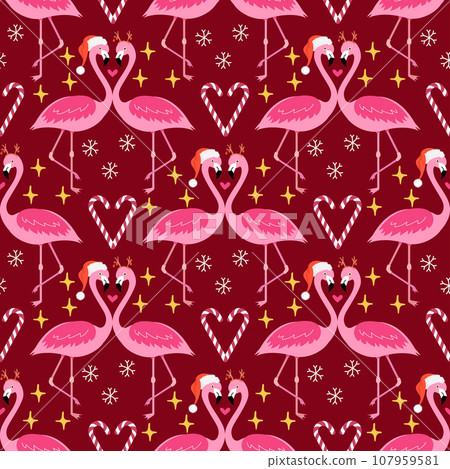Christmas seamless pattern with flamingos on red background.  107959581