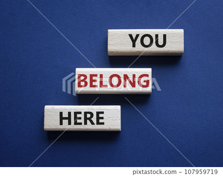 You belong here symbol. Wooden blocks with words You belong here. Beautiful deep blue background. Business and You belong here concept. Copy space. 107959719