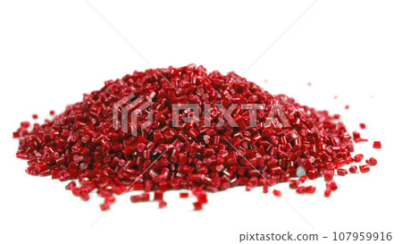 Secondary granule made of polypropylene, red Plastic pellets crumbles to the table. Plastic raw materials in granules for industry. Polymer resin. Raw plastic recycling concept Secondary granule made of polypropylene, red Plastic pellets crumbles to the table. Plastic raw materials in granules for industry. Polymer resin. Raw plastic recycling concept 107959916