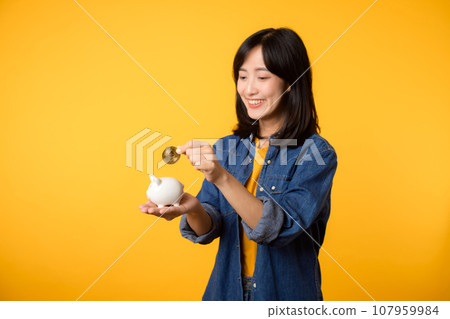 Happy young asian woman wearing yellow t-shirt denim shirt saving digital crypto currency to piggy bank isolated on yellow background. Digital money saving investment concept. Happy young asian woman wearing yellow t-shirt denim shirt saving digital crypto currency to piggy bank isolated on yellow background. Digital money saving investment concept. 107959984