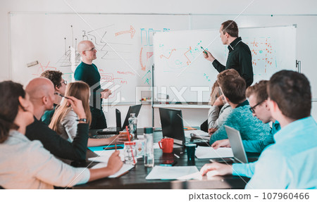 Relaxed informal IT business startup company meeting. Team leaders discussing and brainstorming new approaches and ideas with colleagues. Startup business and entrepreneurship concept. 107960466