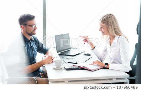 Business meeting. Client consulting. Confident business woman, real estate agent, financial advisor explaining details of project or financial product to client in office Business meeting. Client consulting. Confident business woman, real estate agent, financial advisor explaining details of project or financial product to client in office 107960469
