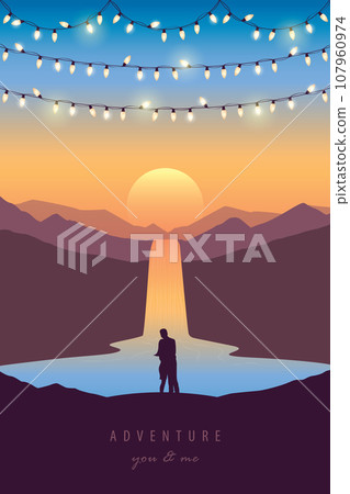 couple man and woman by waterfall river tropical landscape at beautiful sunset vector illustration EPS10 couple man and woman by waterfall river tropical landscape at beautiful sunset vector illustration EPS10 107960974