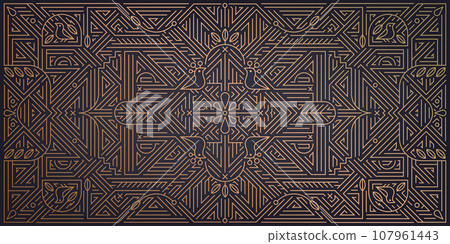 Vector art deco geometric pattern, luxury modern ornament, fancy gatsby style background with leaves and birds. Golden linear premium banner, wallpaper, illustration 107961443