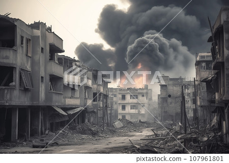 Concept of war, destroyed city, dark smoke and burning buildings, nuclear accident or terrorism. Concept of war, destroyed city, dark smoke and burning buildings, nuclear accident or terrorism. 107961801
