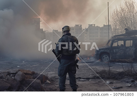 Concept of war, military man from behind with destroyed city on background, dark smoke and burning buildings, nuclear accident or terrorism. Concept of war, military man from behind with destroyed city on background, dark smoke and burning buildings, nuclear accident or terrorism. 107961803