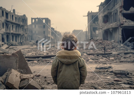 Concept of war, a toddler child from behind with destroyed city on background, dark smoke and burning buildings, nuclear accident or terrorism. Concept of war, a toddler child from behind with destroyed city on background, dark smoke and burning buildings, nuclear accident or terrorism. 107961813