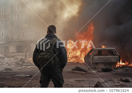 Concept of war, military man from behind with destroyed city on background, dark smoke and burning buildings, nuclear accident or terrorism. Concept of war, military man from behind with destroyed city on background, dark smoke and burning buildings, nuclear accident or terrorism. 107961824