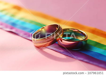 Golden wedding rings and rainbow ribbon on background. 107961851