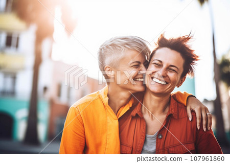 Young female gay couple smiling, outdoor portrait. Soft focus. Ai generated. 107961860
