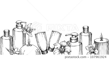 Hand drawn vector ink spa skincare bath beauty products package. Seamless horizontal banner. Isolated on white background. Design for wall art, wellness resort, print, fabric, cover, card, booklet. Hand drawn vector ink spa skincare bath beauty products package. Seamless horizontal banner. Isolated on white background. Design for wall art, wellness resort, print, fabric, cover, card, booklet. 107961924