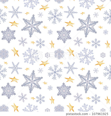 Hand drawn watercolor snowflakes and gold stars, water ice crystals frozen in winter. Illustration isolated seamless pattern, white background. Design holiday poster, print, website, card, invitation Hand drawn watercolor snowflakes and gold stars, water ice crystals frozen in winter. Illustration isolated seamless pattern, white background. Design holiday poster, print, website, card, invitation 107961925