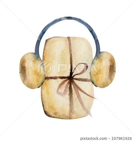 Hand drawn watercolor illustration. Craft paper wrapped gift present with brown bow ribbon, beige blue warm earmuffs. Composition isolated on white background. For shop, logo, print, paper, card Hand drawn watercolor illustration. Craft paper wrapped gift present with brown bow ribbon, beige blue warm earmuffs. Composition isolated on white background. For shop, logo, print, paper, card 107961926