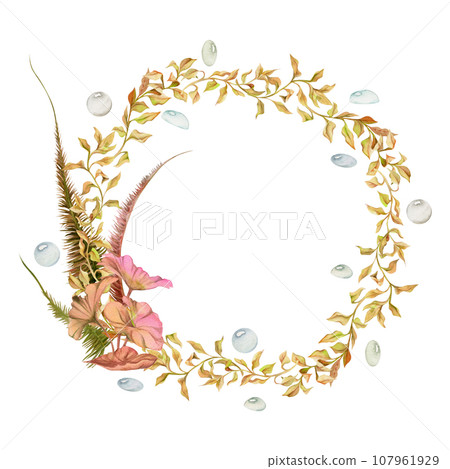 Hand drawn watercolor aquarium plants, algae and seaweed. Marine exotic underwater illustration. Isolated on white background. Circle wreath Design for shops, brochure, print, card, wall art, textile. 107961929