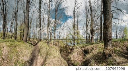 Memory Of War. Old Abandoned World War Ii Trenches At Riverside Since Second World War. Early Spring Season. Cloudy Blue Sky. Old Infantry Fortifications. Ruined Line Of Defense Memory Of War. Old Abandoned World War Ii Trenches At Riverside Since Second World War. Early Spring Season. Cloudy Blue Sky. Old Infantry Fortifications. Ruined Line Of Defense 107962096