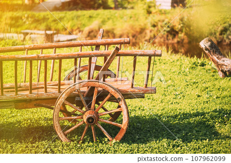 Decorative Peasant Cart On Summer Lawn. Bright Sunny Day. Garden Decoration Concept. Gardening And Housekeeping. Vintage Cart On Summer Sunny Day. Garden Wagon 107962099
