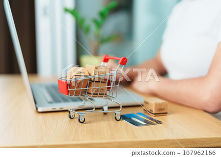 woman hand holding credit card and using laptop with mobile phone for online shopping while making order. Marketplace platform website, technology, ecommerce, shipping delivery and online payment 107962166