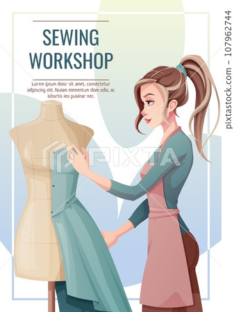 Flyer design with seamstress. Banner poster with a girl creating clothes on a mannequin. Work in a sewing workshop, atelier, tailoring courses 107962744