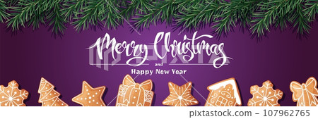 Festive banner with fir branches and gingerbread cookies. Christmas background with gingerbread. Suitable for greeting cards, banners, posters, flyers for New Year and Christmas Festive banner with fir branches and gingerbread cookies. Christmas background with gingerbread. Suitable for greeting cards, banners, posters, flyers for New Year and Christmas 107962765