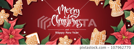 Holiday banner with poinsettia and gingerbread cookies. Christmas background with gingerbread. Suitable for greeting cards, banners, posters, flyers for New Year and Christmas Holiday banner with poinsettia and gingerbread cookies. Christmas background with gingerbread. Suitable for greeting cards, banners, posters, flyers for New Year and Christmas 107962770