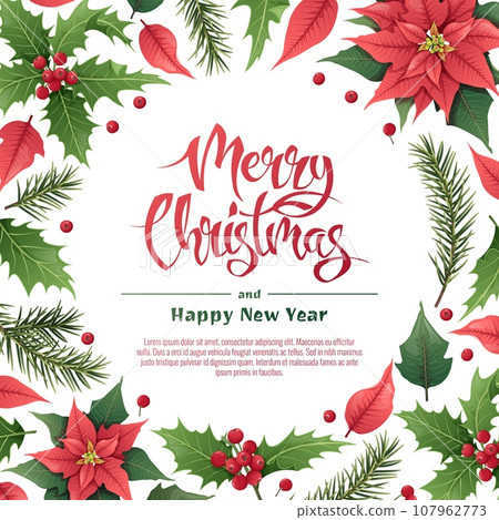 Christmas greeting card, with winter plants, poinsettia, holly berry, spruce, traditional symbol. Vignette, frame, on a white background for greeting card, invitation, banner, flyer 107962773