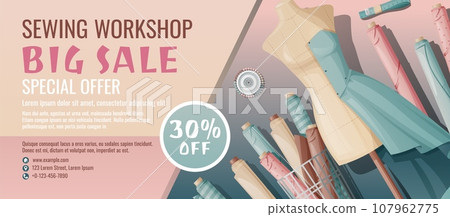 Banner template for sewing workshop. Discount coupon with sewing items. Mannequin and fabric. Poster for sewing courses, schools, shops, ateliers. Discounts on products. 107962775