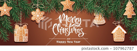 Festive banner with fir branches and gingerbread cookies hanging on strings. Christmas background with gingerbread. Suitable for greeting cards, banners, posters, flyers for New Year and Christmas. 107962787
