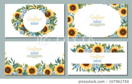 Set of Banner template with sunflowers, blue daisies. Frame, banner with autumn wildflowers. Background with botanical elements 107962788