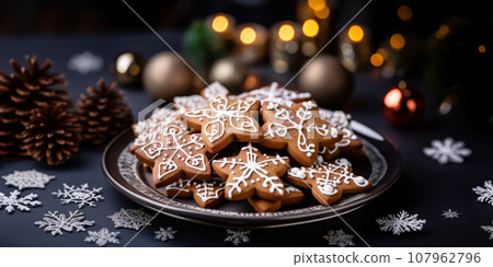 Christmas cookies, wooden background 107962796