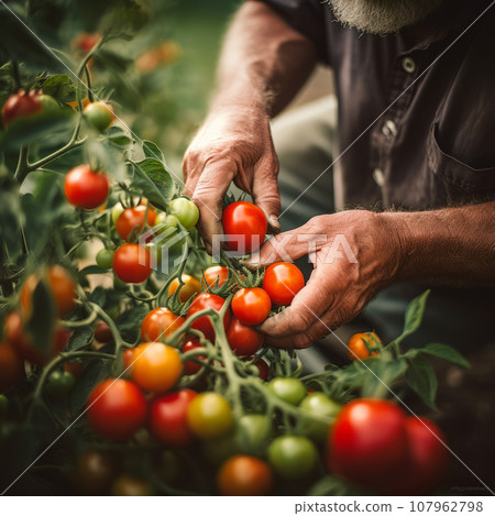 Working farm hands hold a branch with tomatoes. Harvest care. Blurred foreground. 107962798