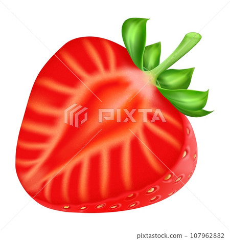 Strawberry half. Realistic berry. Fresh natural food. Delicious raw product. Yogurt, fruit dessert packaging design element. Smoothie and ice cream. Vector 3d isolated on white background illustration 107962882