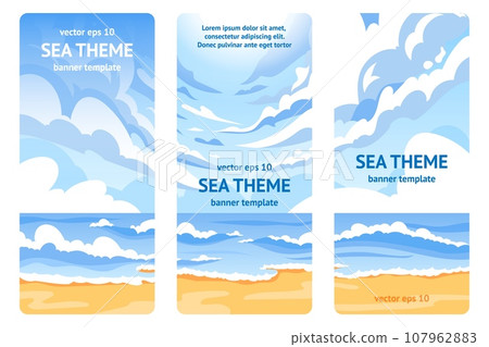 Sea and sky background. Seashore with sand. White clouds. Beach shore, water waves and horizon. Tropical resort. Vertical banner template. Social media stories. Vector cartoon flat style illustration 107962883