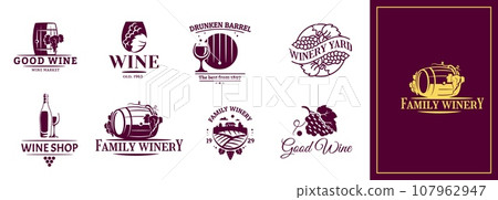 Vineyard logo. Family winery. Wine shop red icon. Silhouette circle emblem. Rural scenery with barn and wooden barrel. Alcohol glass. Grape bunch. Landscape for restaurant design. Vector symbols set 107962947