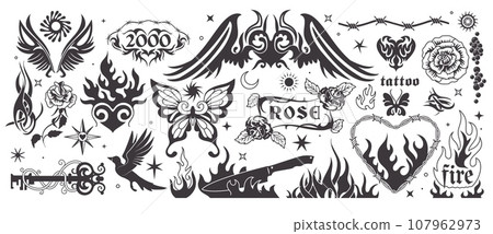 Y2k fire. Flame elements, gothic girly and tribal fonts, angel and heart in 90s style, line tattoo. Black butterfly, bird and knife. Modern retro decorative elements. Vector icons, exact illustration 107962973