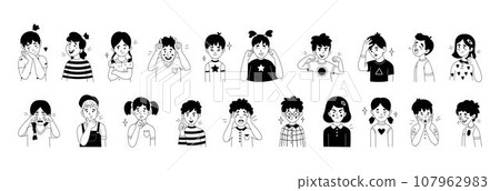 Kid emotions. Students upset and happy expressions. Crying girl. Hand drawn joyful children faces. Thinking teenager. Black and white heads. People feelings. Vector cartoon tidy lines portraits set 107962983