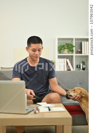 Smiling asian man in casual clothes playing with lovely dog while sitting on sofa living room Smiling asian man in casual clothes playing with lovely dog while sitting on sofa living room 107963042