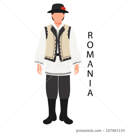 A man in a Romanian folk costume and headdress. Culture and traditions of Romania. Illustration, vector A man in a Romanian folk costume and headdress. Culture and traditions of Romania. Illustration, vector 107963135