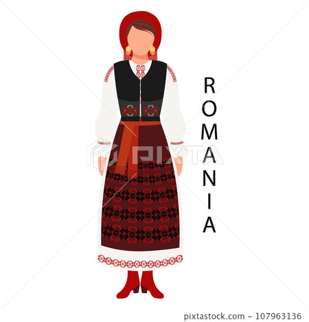 Woman in Romanian folk costume and headdress. Culture and traditions of Romania. Illustration, vector Woman in Romanian folk costume and headdress. Culture and traditions of Romania. Illustration, vector 107963136