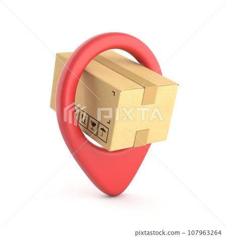 Cardboard box inside red map pointer 3D 107963264