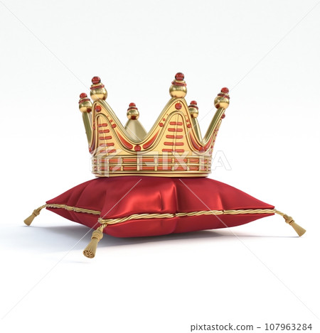 Golden crown with red gemstones on pillow 3D Golden crown with red gemstones on pillow 3D 107963284