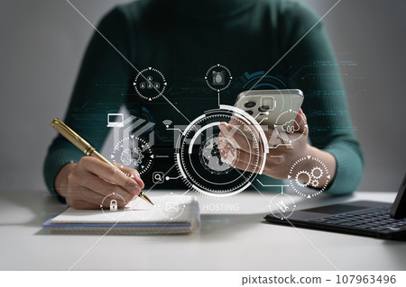 Woman using computer, tablet and presses his finger on the virtual screen inscription Hosting on desk, Web hosting concept, Internet, business, digital technology concept. 107963496