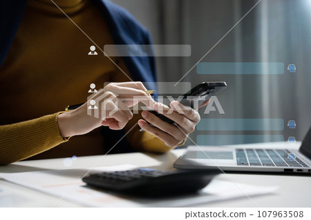 Artificial intelligence robot innovation technology communicate and answer questions with smart conversation and provide creative solution ideas. 107963508