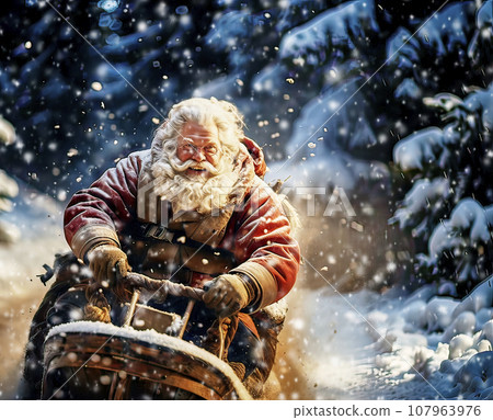 Santa Claus laughs exuberantly in a speeding sleigh in heavy snowfall 107963976