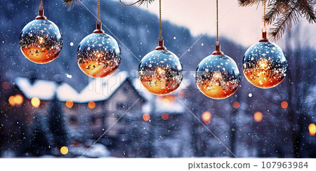 Banner made of four Christmas tree balls with a depiction of the village, which can be seen out of focus in the background, during the snowfall in winter Banner made of four Christmas tree balls with a depiction of the village, which can be seen out of focus in the background, during the snowfall in winter 107963984