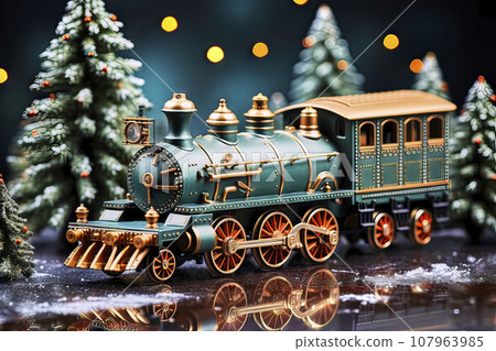 Green, well-maintained model railway with a steam locomotive in a small artificial forest made of Christmas trees 107963985