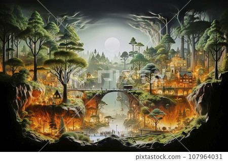 Fantastic Image of an Underground City with Trees, an Artificial Moon, Bridges, People, and a Peaceful Urban Atmosphere Fantastic Image of an Underground City with Trees, an Artificial Moon, Bridges, People, and a Peaceful Urban Atmosphere 107964031
