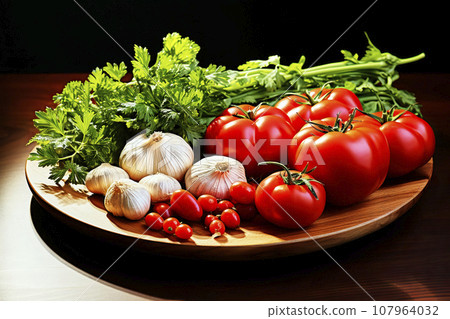 Still Life with Wooden Plank, Tomatoes, Celery, Parsley, and Garlic on a Dark Background Still Life with Wooden Plank, Tomatoes, Celery, Parsley, and Garlic on a Dark Background 107964032