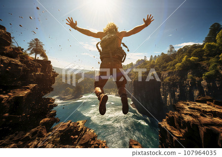 Cliff Jumper's Back View, Leaping Between Sharp, Tall Rocks into a Deep Blue Lake with Outstretched Arms Cliff Jumper's Back View, Leaping Between Sharp, Tall Rocks into a Deep Blue Lake with Outstretched Arms 107964035