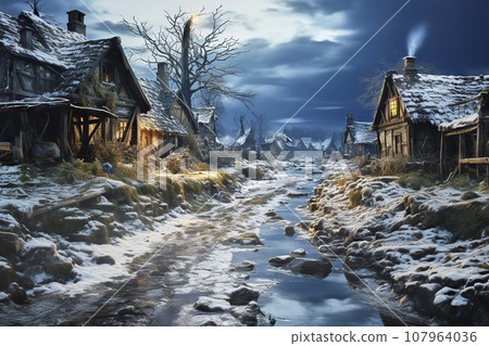 Partially Ruined Village with Crooked, Weathered Timber-Framed Houses on a Muddy Unpaved Road in Winter under a Dark Sky with Light Snow Cover Partially Ruined Village with Crooked, Weathered Timber-Framed Houses on a Muddy Unpaved Road in Winter under a Dark Sky with Light Snow Cover 107964036